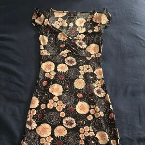 BCBGMaxAzria Black and Cream Floral Midi Dress